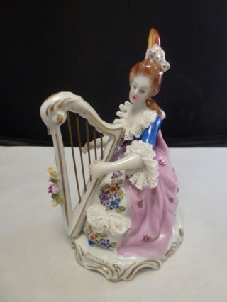 Antique German Porcelain Volkstedt Dresden Lace Lady Queen W Harp Figurine
