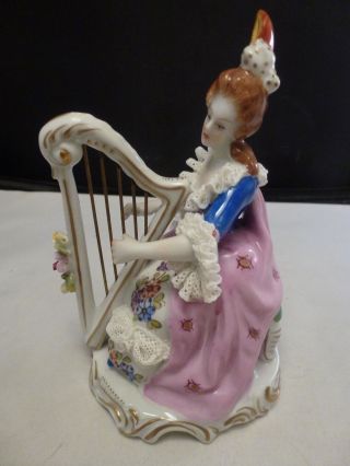 ANTIQUE GERMAN PORCELAIN VOLKSTEDT DRESDEN LACE LADY QUEEN W HARP FIGURINE 8