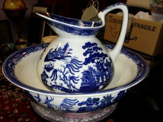 Antique Flow Blue Porcelain Pitcher&bowl " Bistro England " Large Rare Stunning