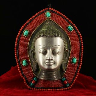 Tibet Temple Pure Copper Handmade Compile Inlay Gem Sakyamuni Head Portrait E01c