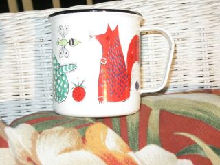 Vintage Mid Century Modern Finel Enamel Coffee Cup Made In Finland Cat Fox Pig