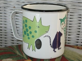 VINTAGE MID CENTURY MODERN FINEL ENAMEL COFFEE CUP MADE IN FINLAND CAT FOX PIG 5