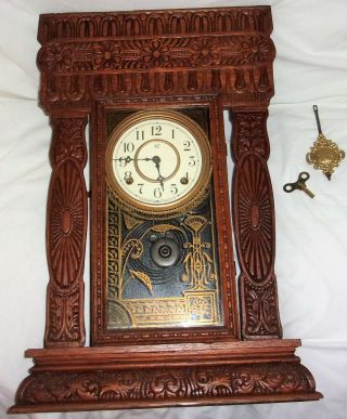 Antique Victorian Waterbury Gingerbread Parlor Mantel Clock W/ Key Pendulum And