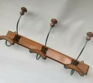 Antique French Wooden Coat Rack With Three Metal & Turned Wood Hooks Attached