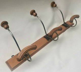 ANTIQUE FRENCH WOODEN COAT RACK WITH THREE METAL & TURNED WOOD HOOKS ATTACHED 3