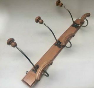 ANTIQUE FRENCH WOODEN COAT RACK WITH THREE METAL & TURNED WOOD HOOKS ATTACHED 7