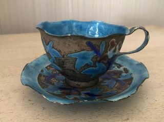 Antique Vintage Chinese Export Silver Plate? Blue Enamel Tea Cup & Saucer China