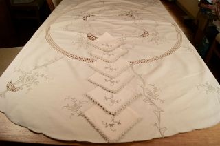 Vintage Cream Cotton Tablecloth,  6 Napkins Madeira Embroidery Crochet Lace T4