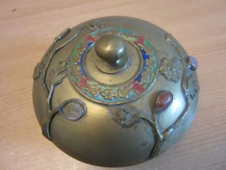 Antique Chinese Brass / Bronze Lidded Jar With Stones,  Enameling