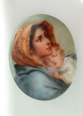 Oval Painting Porcelain Plaque Signed Wagner Antique Madonna & Child KPM Style 2