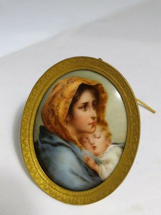 Oval Painting Porcelain Plaque Signed Wagner Antique Madonna & Child KPM Style 3