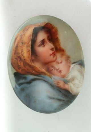 Oval Painting Porcelain Plaque Signed Wagner Antique Madonna & Child KPM Style 5