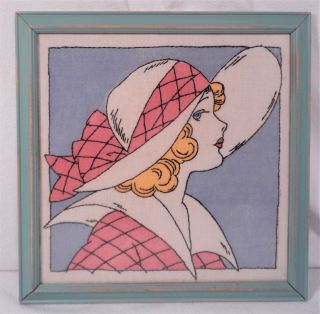 Vintage 1930s Embroidered Muslin Preprinted Fabric Lady Sun Hat Framed Picture