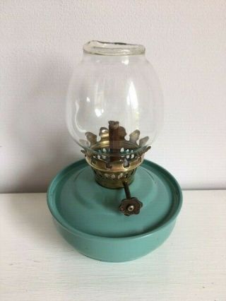 Vintage ' blue green ' enamel Kelly / Pixie / Nursery Oil Lamp with weighted base 2