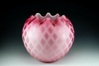 Antique Pink Quilted Mother Of Pearl Mop Large Satin Glass Rose Bowl
