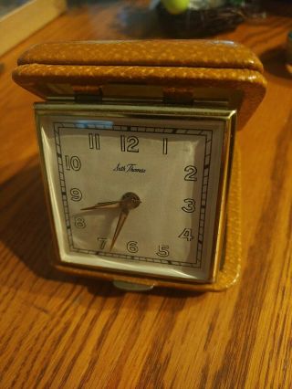Vintage Seth Thomas Travel Alarm Clock,  Brown Clam Shell Case,  Gold Trim Germany