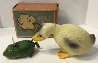 Vintage Celluloid Jolly Duck And Tin Frog Wind Up Toy Japan
