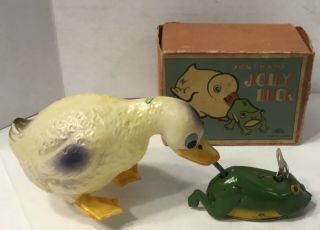 VINTAGE CELLULOID JOLLY DUCK AND TIN FROG WIND UP TOY JAPAN 2