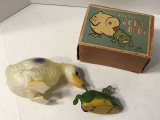 VINTAGE CELLULOID JOLLY DUCK AND TIN FROG WIND UP TOY JAPAN 3