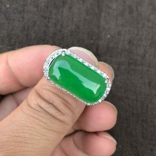 Chinese Handwork S925 Silver & Green Jadeite Jade Bead Rare No.  8.  5 - 12 Noble Ring