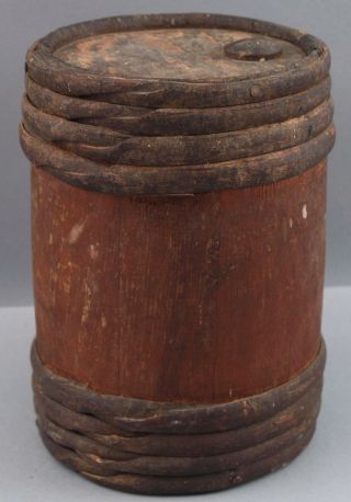 Small Antique Mid - 19thc,  Black Powder Keg Barrel,  Red Stain Willow Bands,  Nr