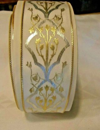 VINTAGE PAPER WRAPPED FRENCH WIRED RIBBON BOLT - WHITE W/GOLD & SILVER EMBOSSED 2