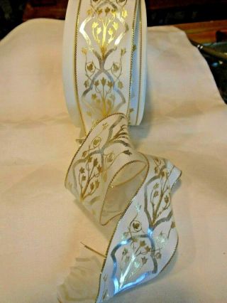 VINTAGE PAPER WRAPPED FRENCH WIRED RIBBON BOLT - WHITE W/GOLD & SILVER EMBOSSED 4