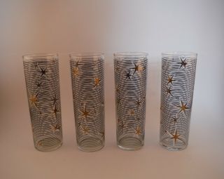 Set Of 4 Mid Century Modern Gold Starburst Atomic 12oz Tall Glass Tumblers Retro