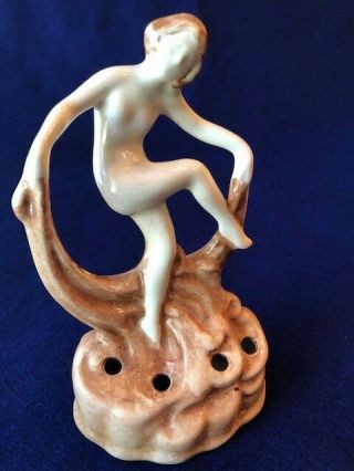 Antique Art Deco Flower Frog Nude Female Scarf Dance Ceramic Glass Brown White
