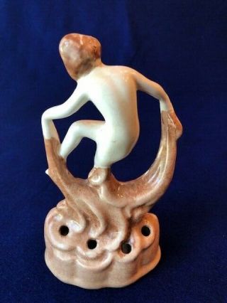 Antique Art Deco Flower Frog Nude Female Scarf Dance Ceramic Glass Brown White 2