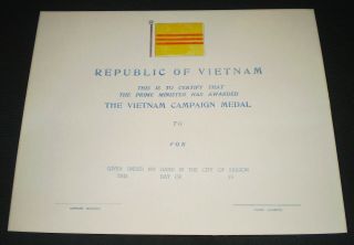 Republic Of Vietnam – The Vietnam Campaign Medal Certificate