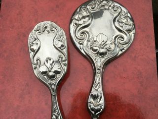 Antique Art Nouveau Silver Plate Mirror And Brush Set