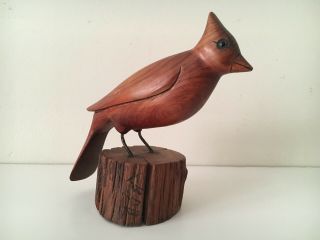 Vintage Mid Century Modern Hand Carved Wood Bird Cardinal Statue Standing Figure