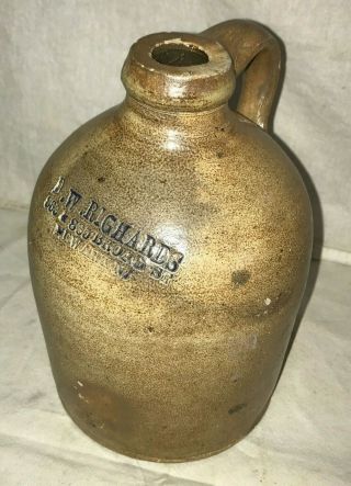 ANTIQUE QUART SALT GLAZE ADV JUG D.  W.  RICHARDS NEWARK NJ VINTAGE STONEWARE CROCK 7