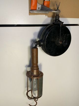 Wooden Handle Drop Light Service Station Lamp Wood Retractable Cord Reel Vintage