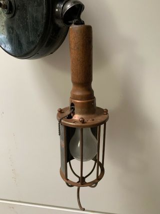 Wooden Handle Drop Light Service Station Lamp wood retractable cord reel VINTAGE 2