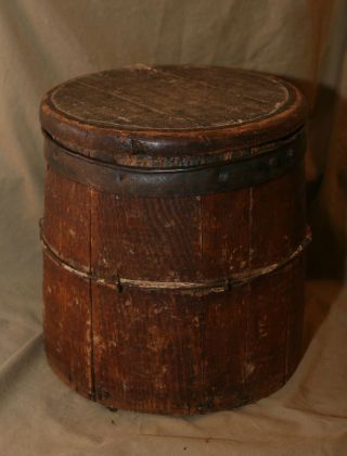 Primitive Antique 9.  75x10 " Firkin Style Wooden Bucket Handle Missing