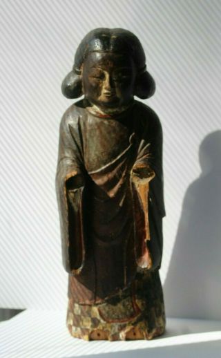 Antique Chinese Or Japanese Carved Wood Woman In Robe With Glass Eyes