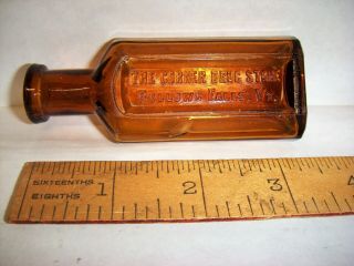 Antique The Corner Drug Store Miniature Amber Bottle - Bellows Falls,  Vt