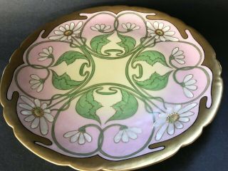 Antique Deco Jp Limoges Hand Painted Daisy Flowers Raised Gold Pink Green Plate