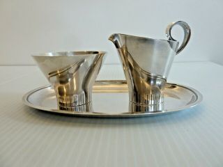 Fine Modern Sugar,  Creamer & Oval Tray,  Silver Plated,  " Gd " Maker