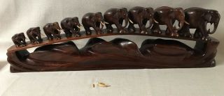 Ceylon Vintage Large Nine Wood Carved Elephants On Bridge