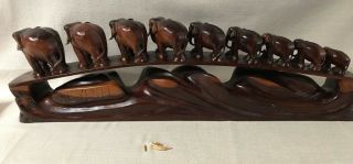 CEYLON Vintage Large Nine Wood Carved Elephants on Bridge 2