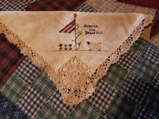 Awesome Primitive " America The " Hand Stitched Doily Oh My