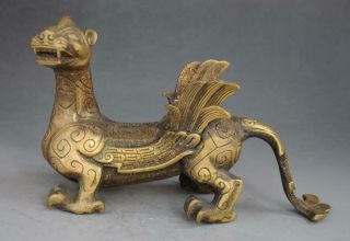 China Old Fengshui Pure Copper Hand - Carved Unicorn Pi Xiu Statue E01