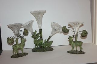 Rare Antique 3 Piece Epergne Animal Elk Set Metal And Glass