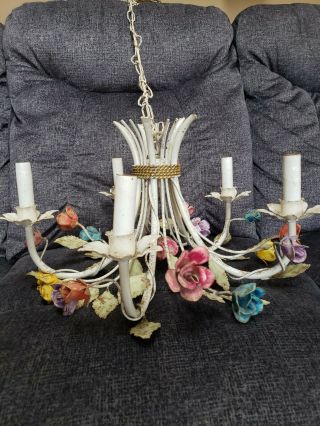 Vintage Italian Tole Painted Metal 5 Light Hanging Chandelier Floral Garden Lamp
