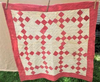 Antique Lap Or Doll Quilt Red & White With Dot Print 9 Patch Treadle Machine