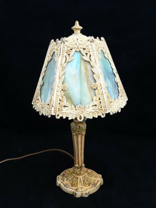 Antique Art Nouveau 6 Panel Slag Multi - Color Glass Boudoir Table Lamp