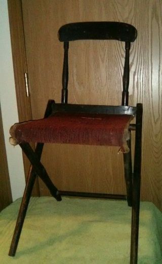 Antique Wood And Carpet Folding Chair For Covered Wagon Use